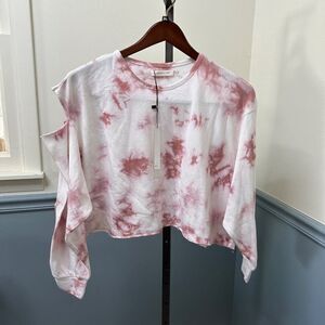NWT MUSTARD SEED Oversized Pink Tie Dye Cropped Sweatshirt Shoulder Cut Out Smal
